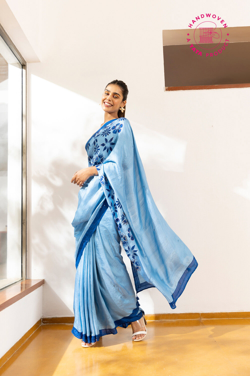 Light Blue Pure Silk Hand Painted Saree image number null