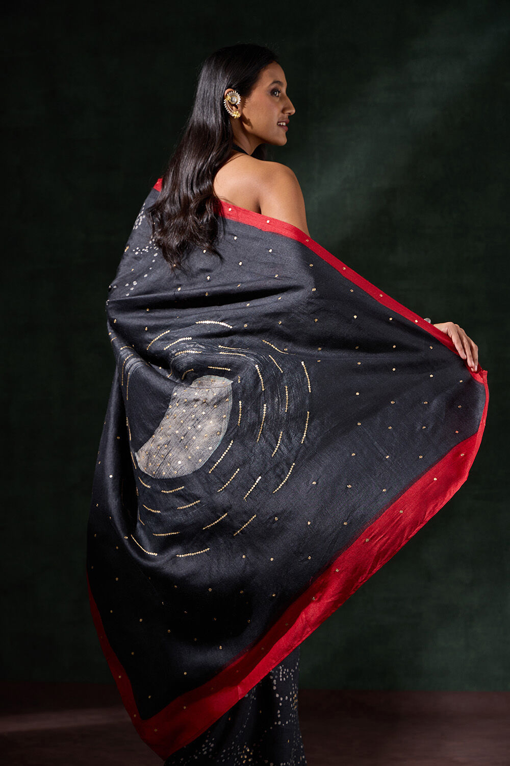 Black Tussar Muga Batik Saree image number null