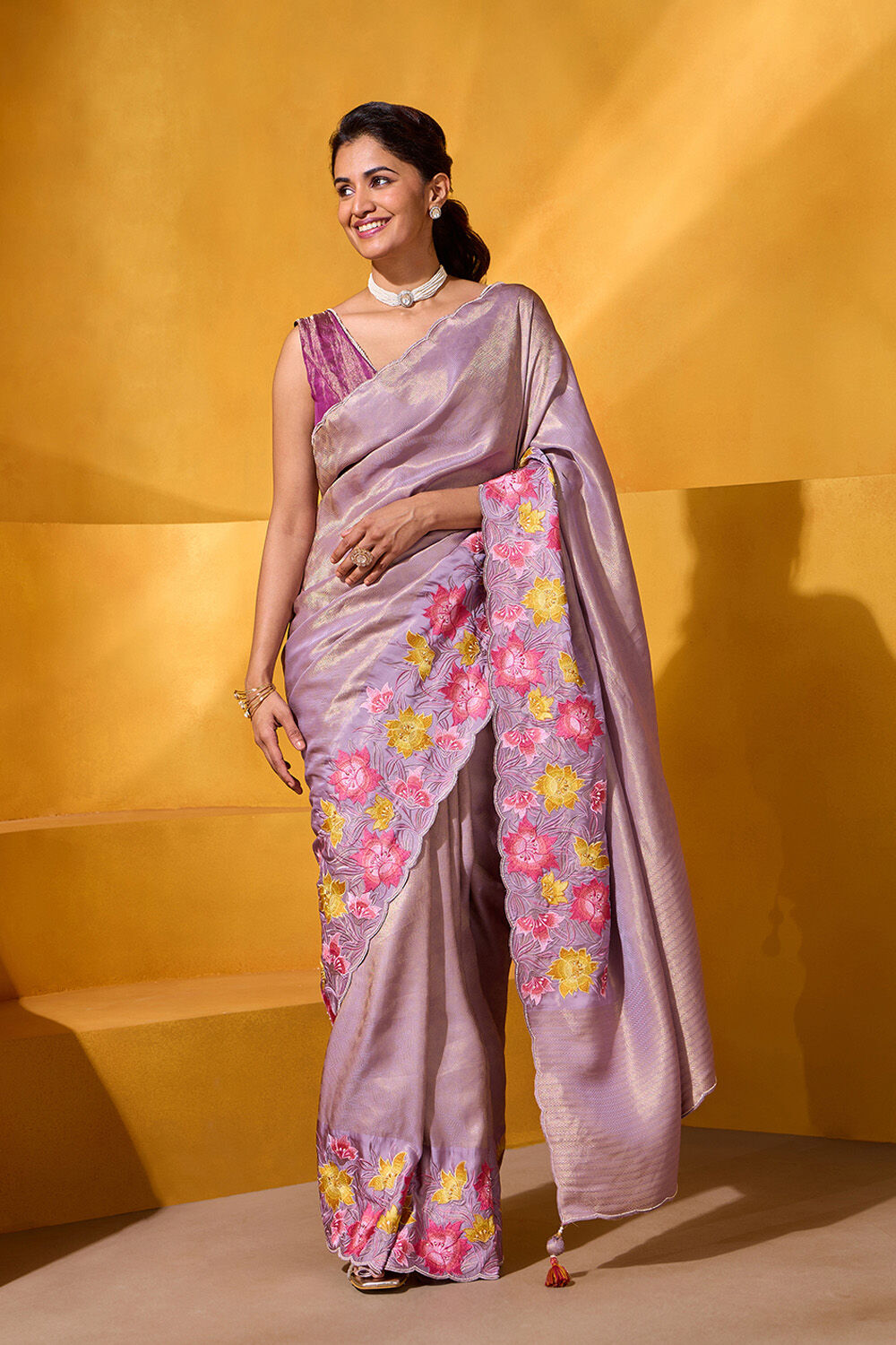 Violet Viscose Tissue Embroidered Saree image number null