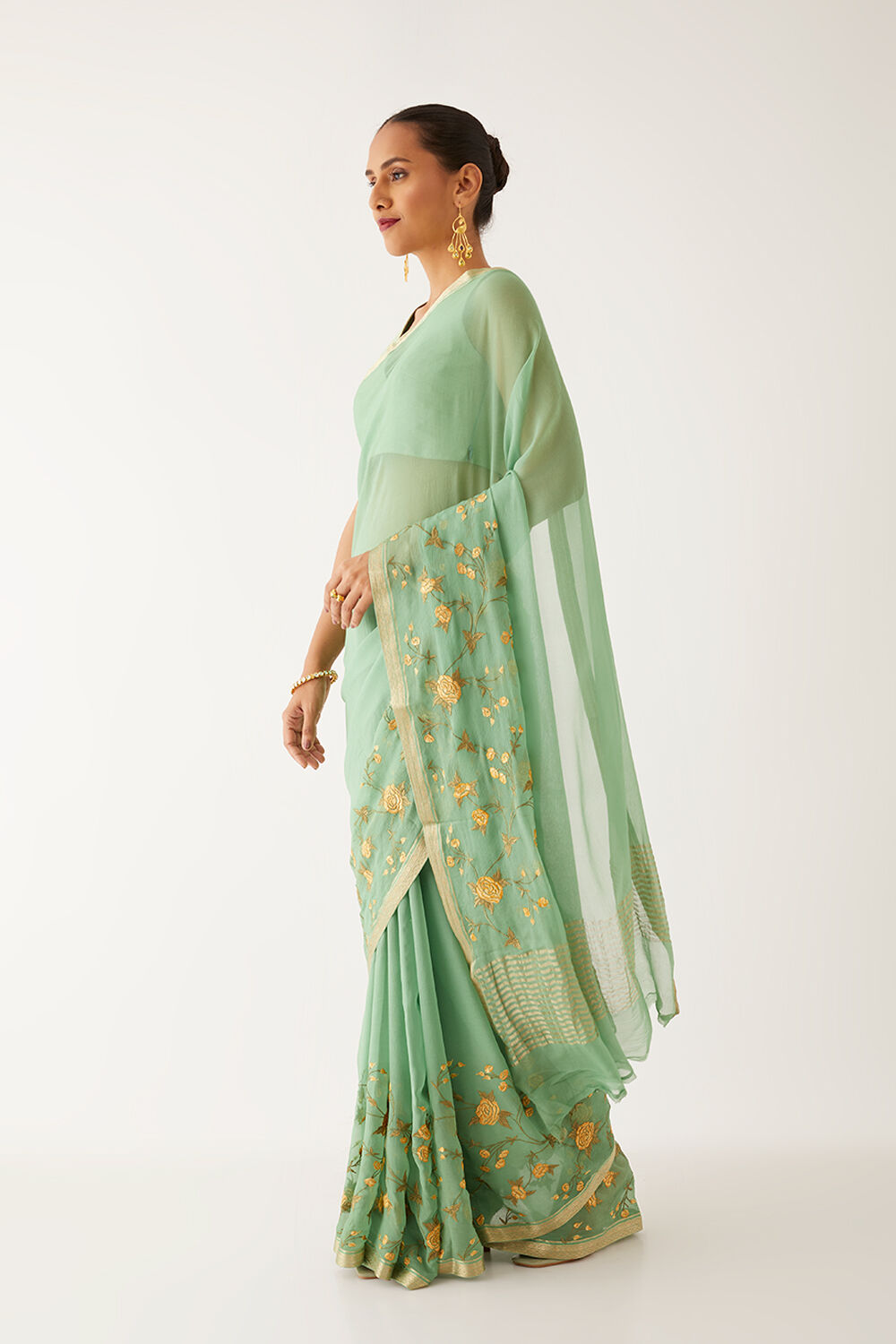 Light Green Pure Chiffon Embroidered Saree image number null