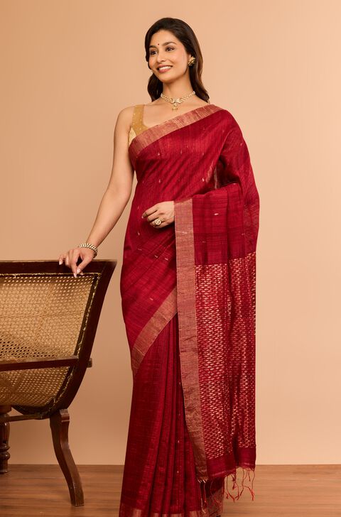 Dark Red Woven Pure Silk Vanya Bengal Saree