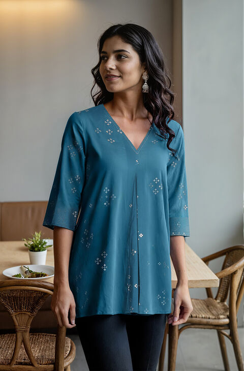 Blue Screen Printed Pure Cotton Short Top