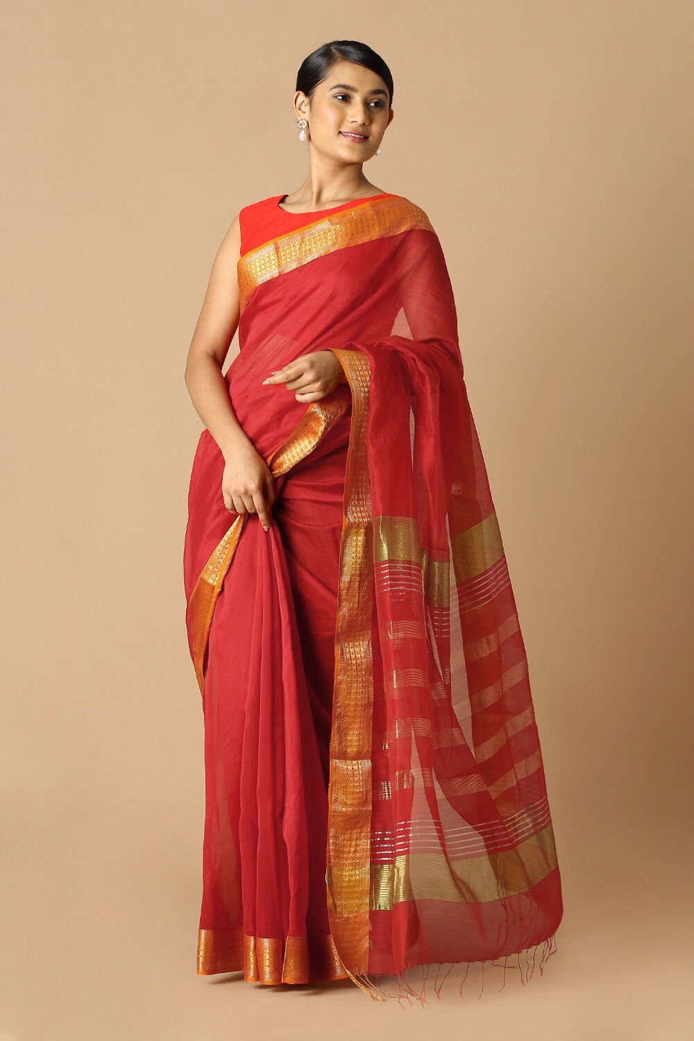 Red Pure Silk Cotton Maheswari Saree image number null