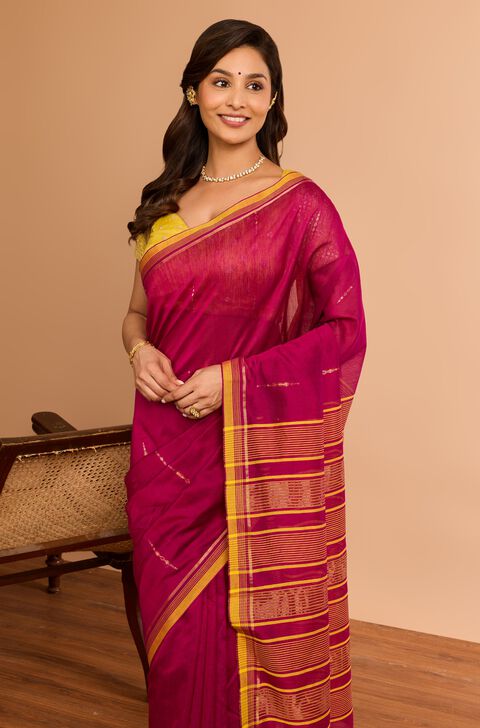 Dark Pink Bengal Pure Silk Cotton Jamdani Saree