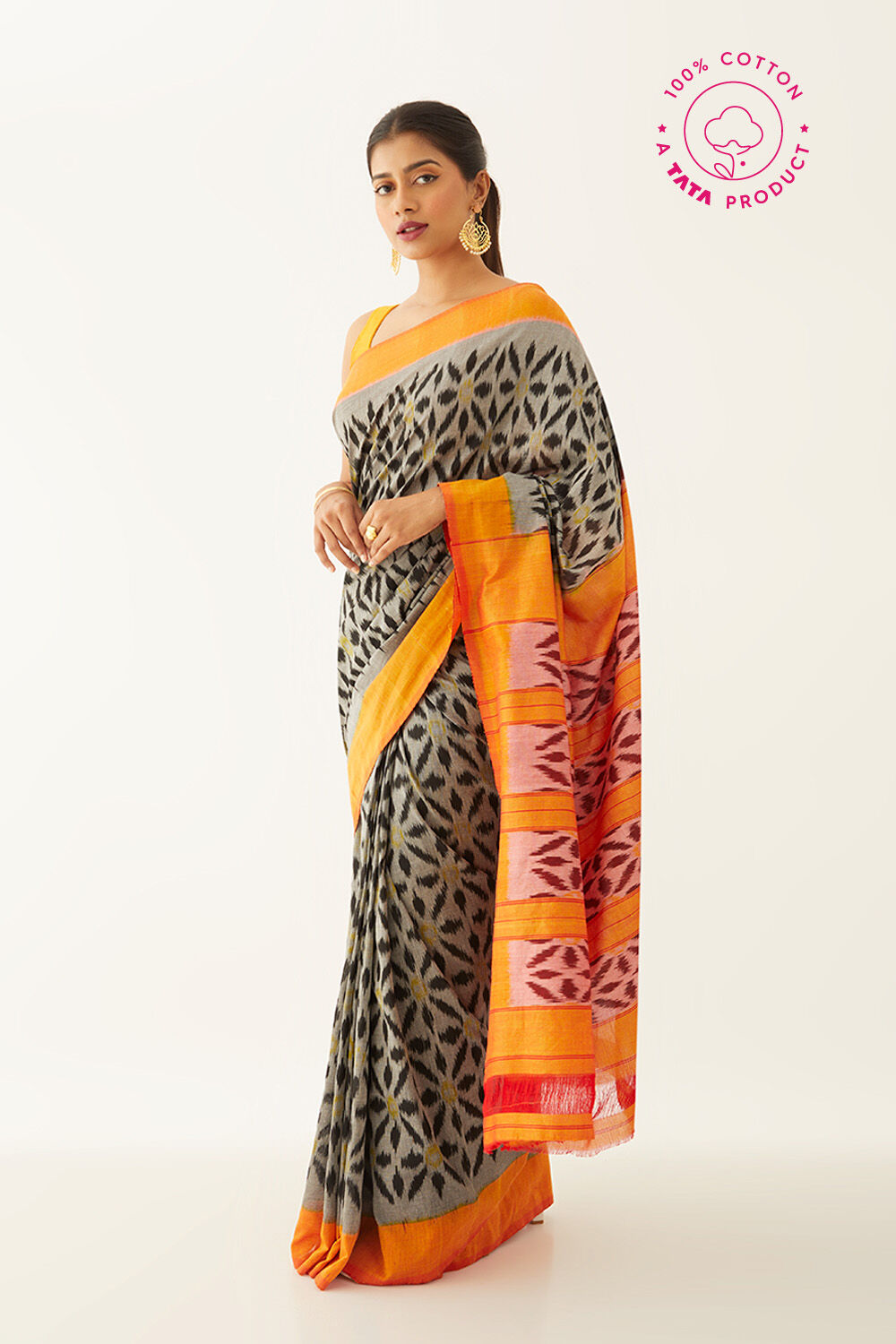 Grey Pure Cotton Pochampalli Ikat Saree image number null
