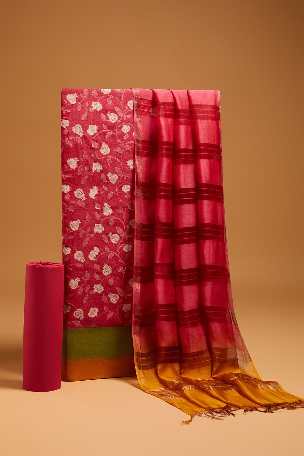 Red Block Printed Pure Tussar Silk Unstitched Suit Set image number null