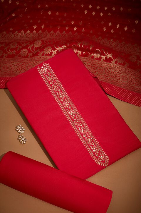Red Viscose Embroidered Unstitched Suit Set