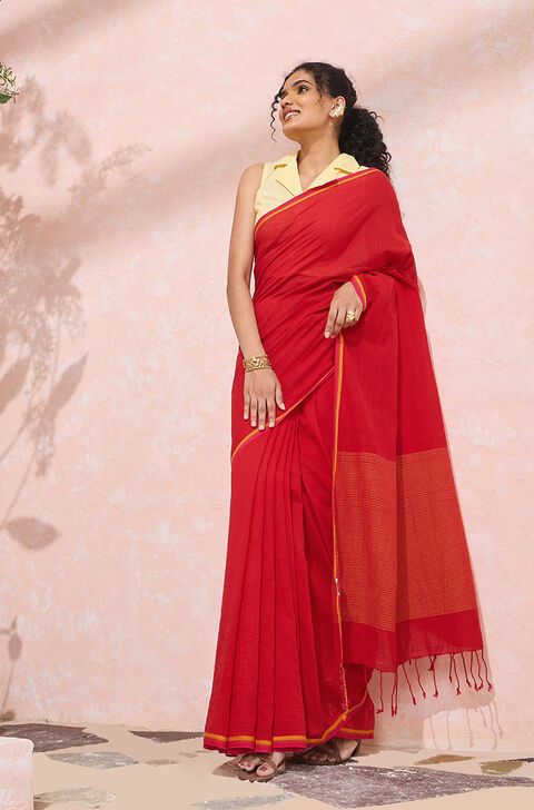 Red Woven Pure Cotton Bengal Saree