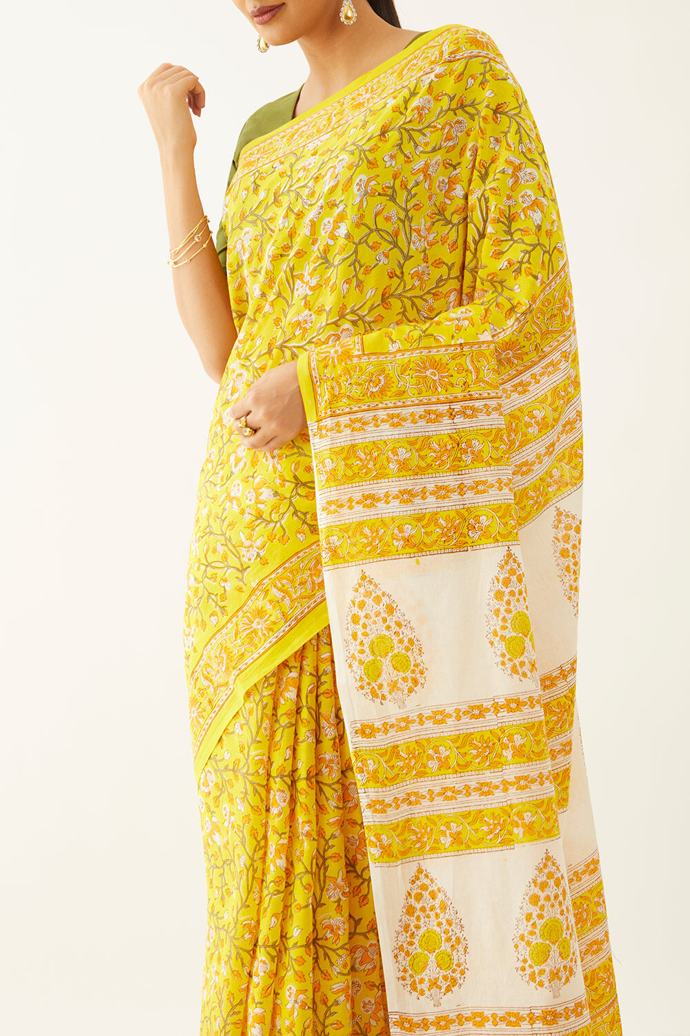 Yellow Pure Cotton Block Print Saree image number null