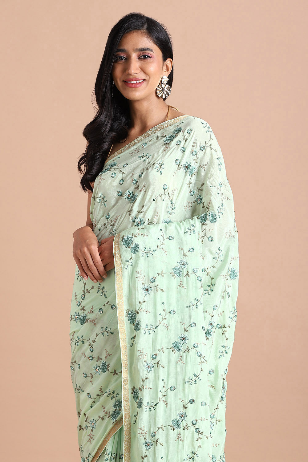 Light Pure Green Viscose Embroidered Saree image number null
