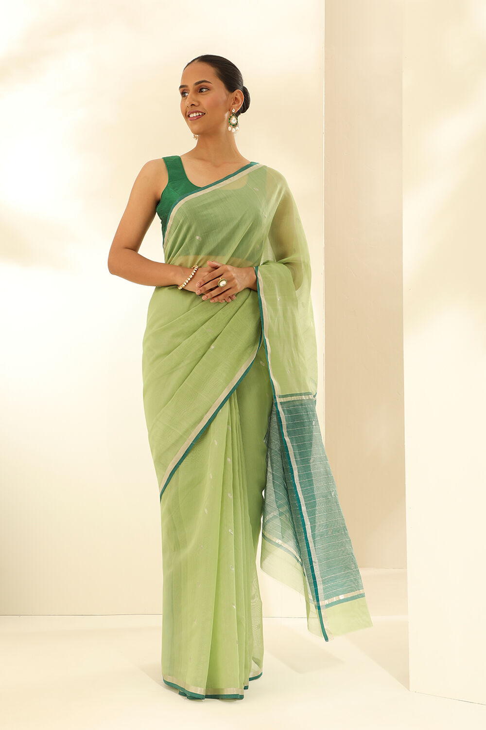 Light Green Pure Silk Cotton Woven Chanderi Saree image number null