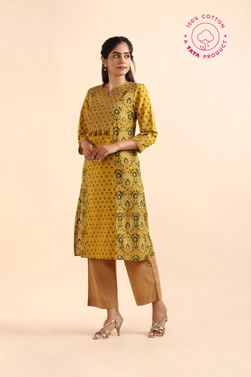 Yellow Ajrakh Block Printed Cotton Kurta image number null