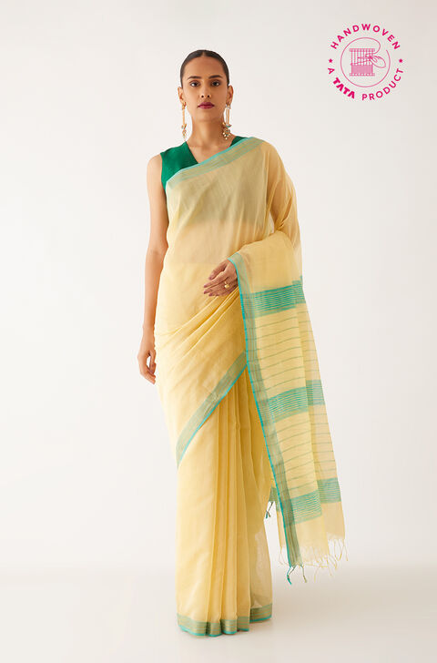 Yellow Pure Silk Cotton Maheshwari Saree