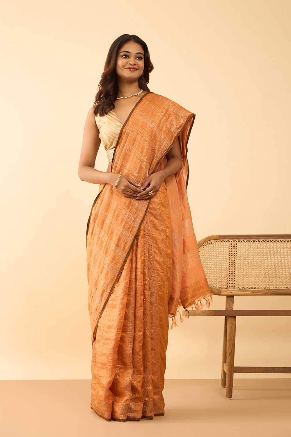 Light Orange Bhagalpur Woven Pure Tussar Silk Saree image number null