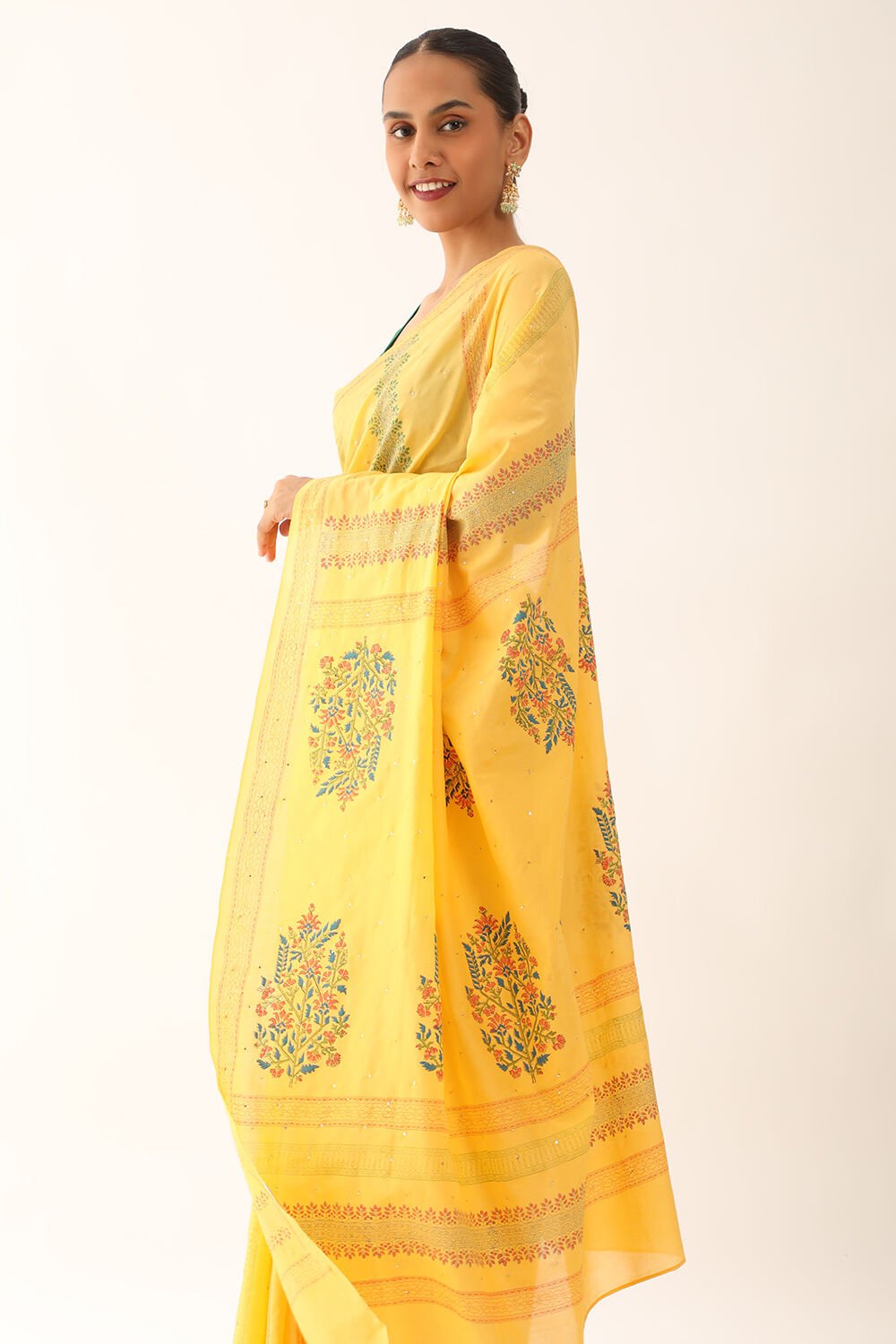 Yellow Craft Pure Silk Cotton Sanganeri Block Print Saree image number null