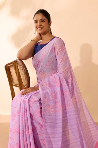 Violet Bengal Screen Printed Pure Mulmul Cotton Saree