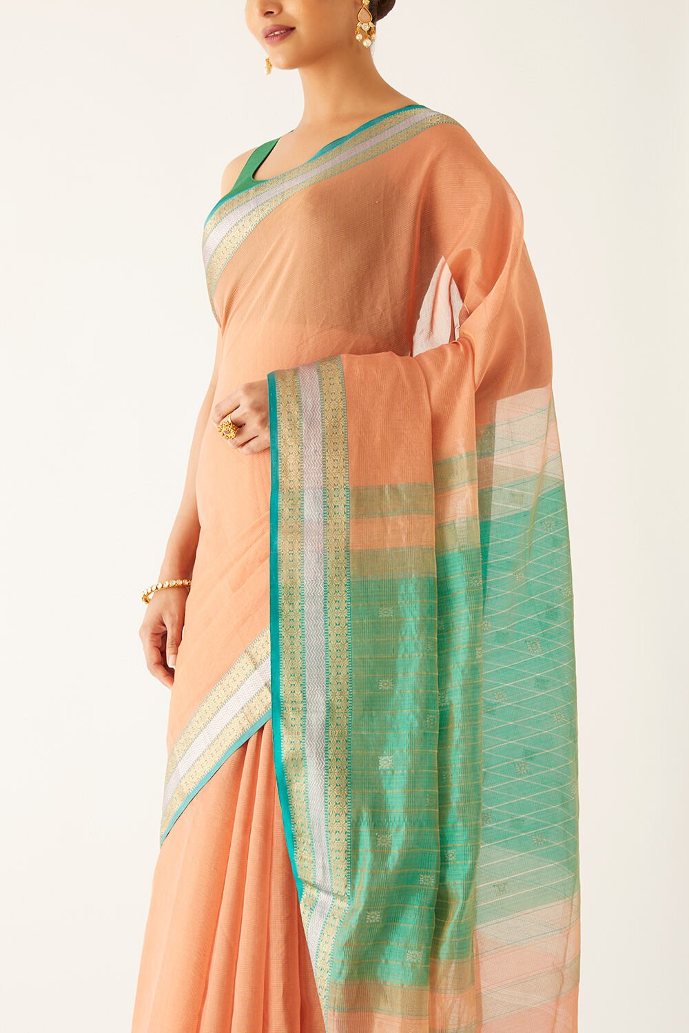 Light Orange Pure Cotton Tissue Maheshwari Saree image number null