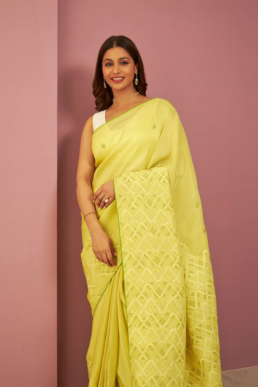 Yellow Pure Tissue Organza Printed Embroidery Saree image number null