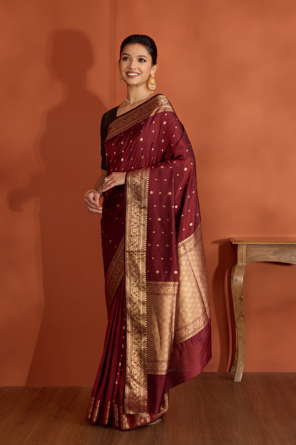 Dark Red Silk Viscose Cutwork Banaras Inspired Design Saree image number null