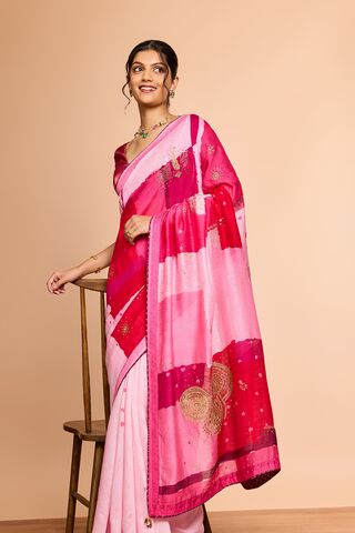 Light Pink Pure Silk Linen Printed Embroidered Saree image number