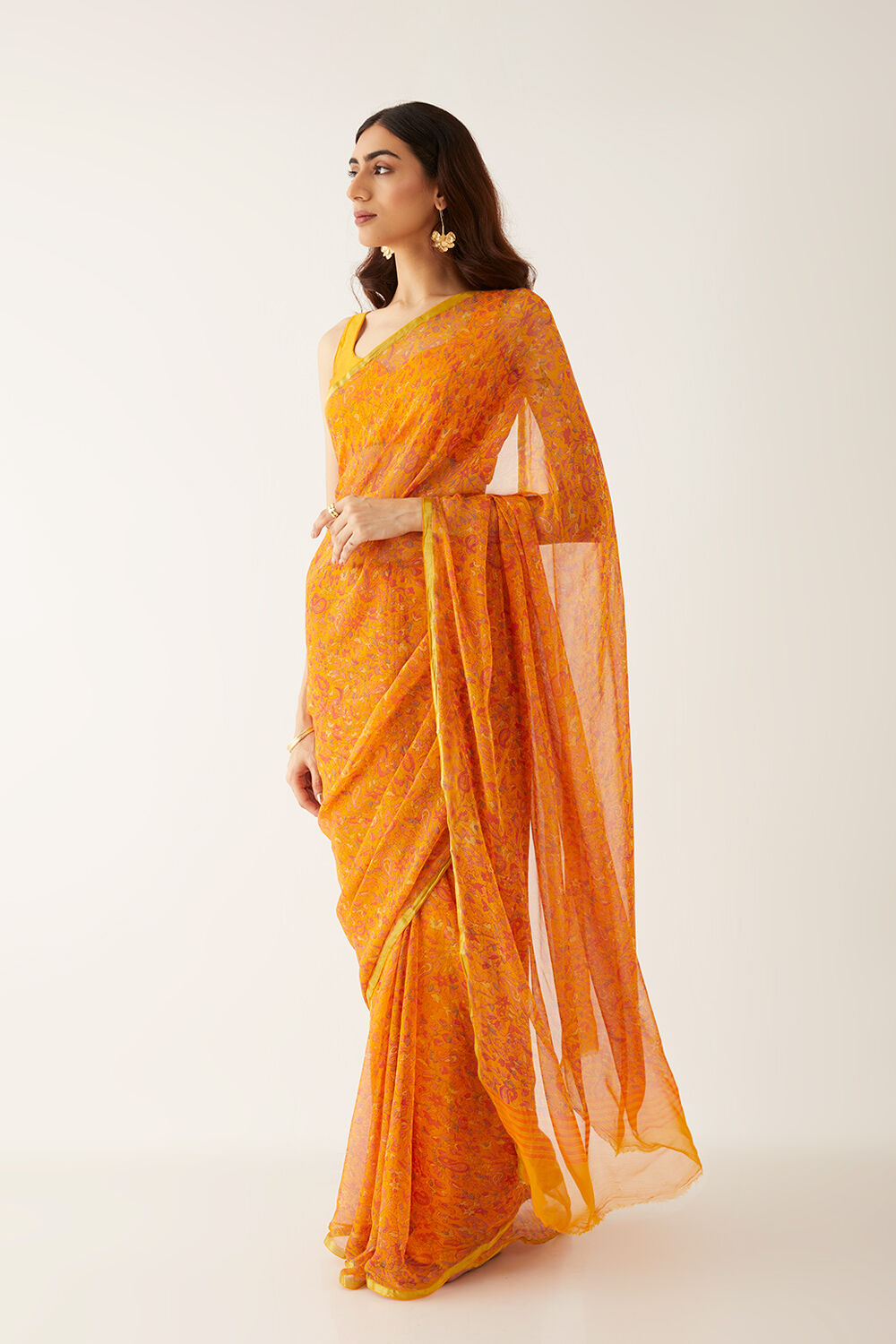 Yellow Viscose Chiffon Printed Saree image number null