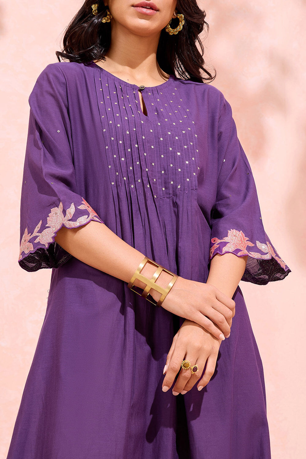 Dark Violet Cotton Viscose Embroidered Kurta image number null