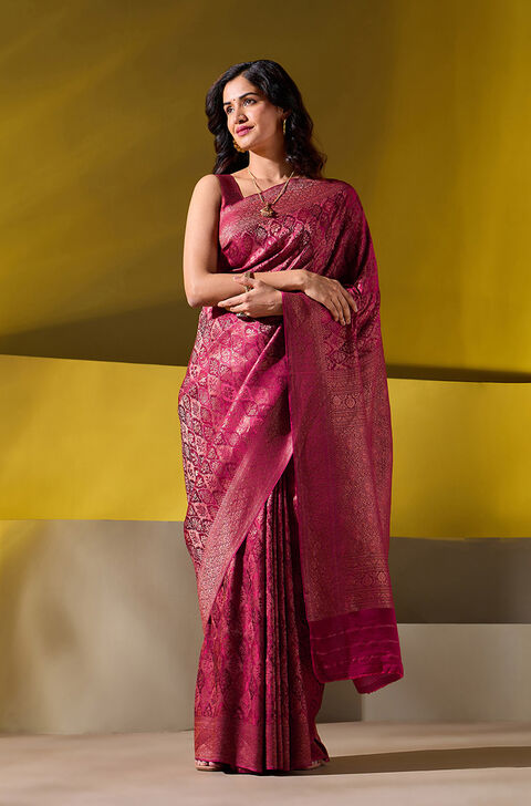 Dark Red Woven Pure Silk Crepe Saree
