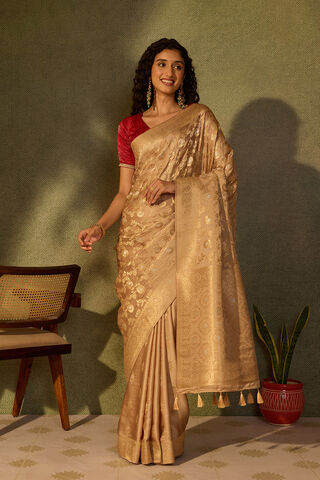 Beige Viscose Satin Woven Saree thumbnail image number null
