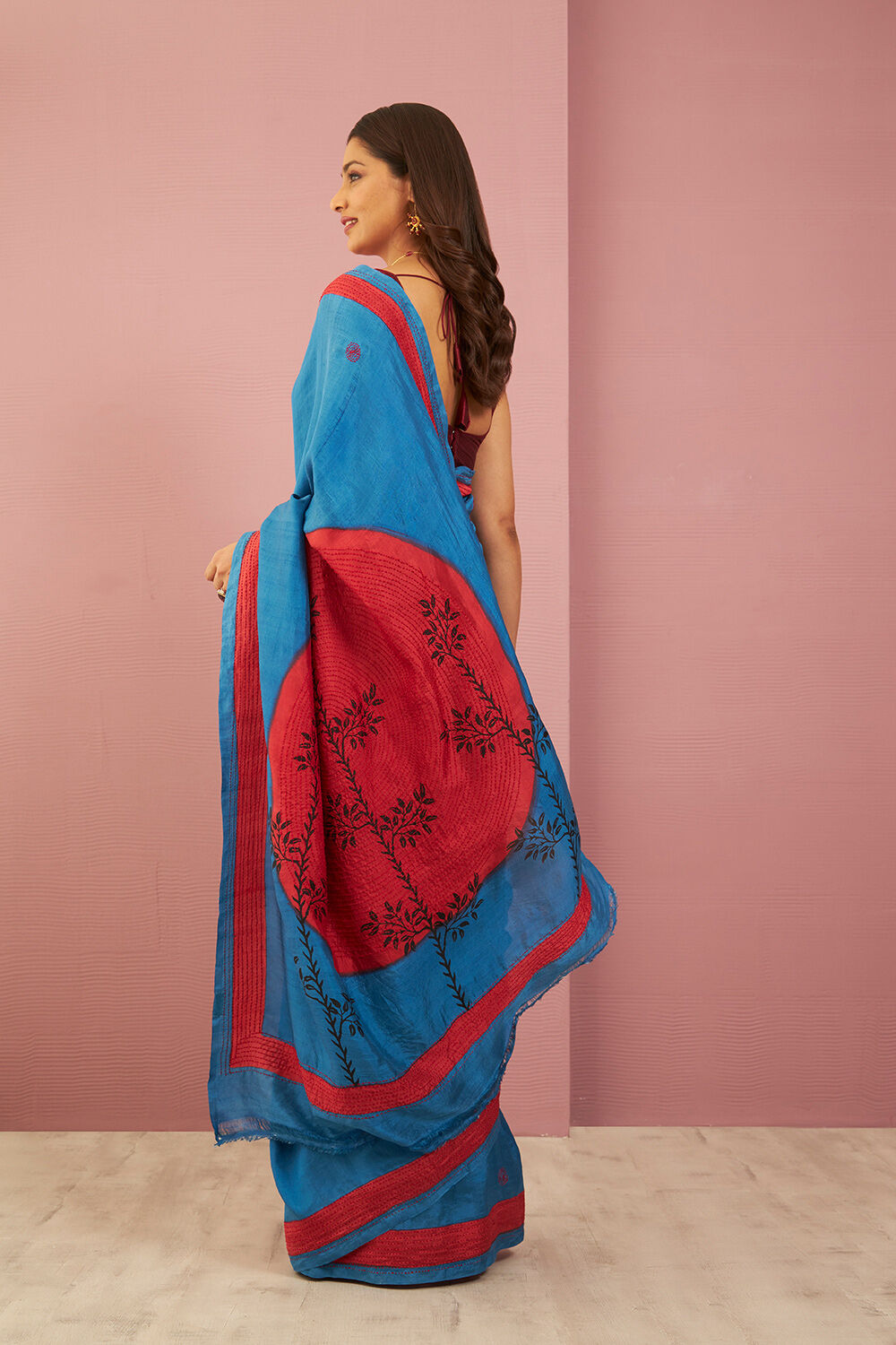 Blue Bengal Pure Silk Kantha Embroidered Saree image number null