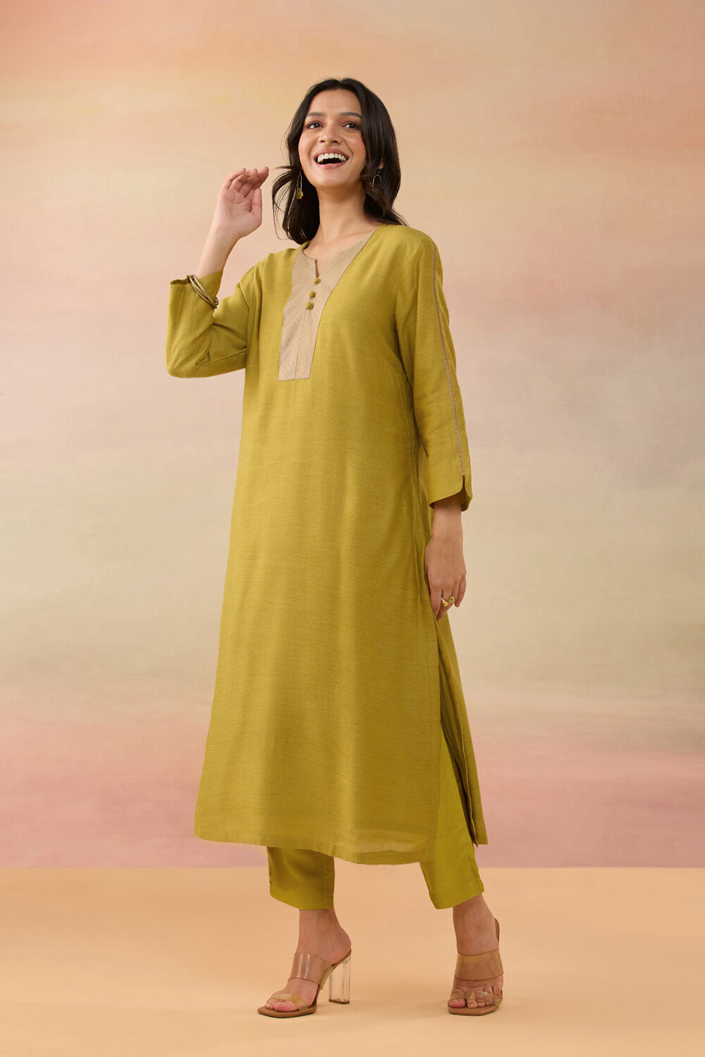 Dark Yellow Pure Tussar Silk Woven Kurta Set image number null