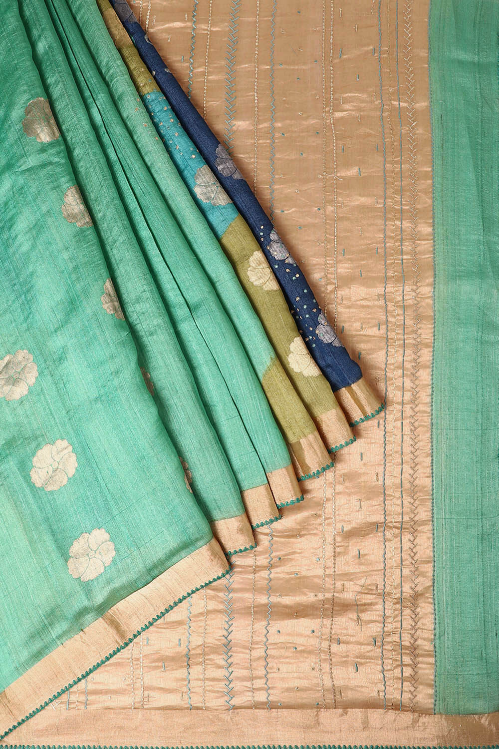 Green Pure Silk Tussar Chanderi Saree image number null