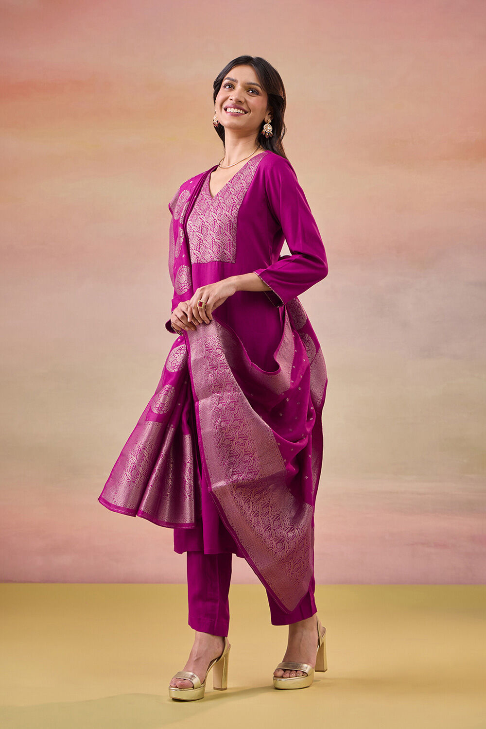 Violet Brocade Pure Viscose Kurta Set image number null