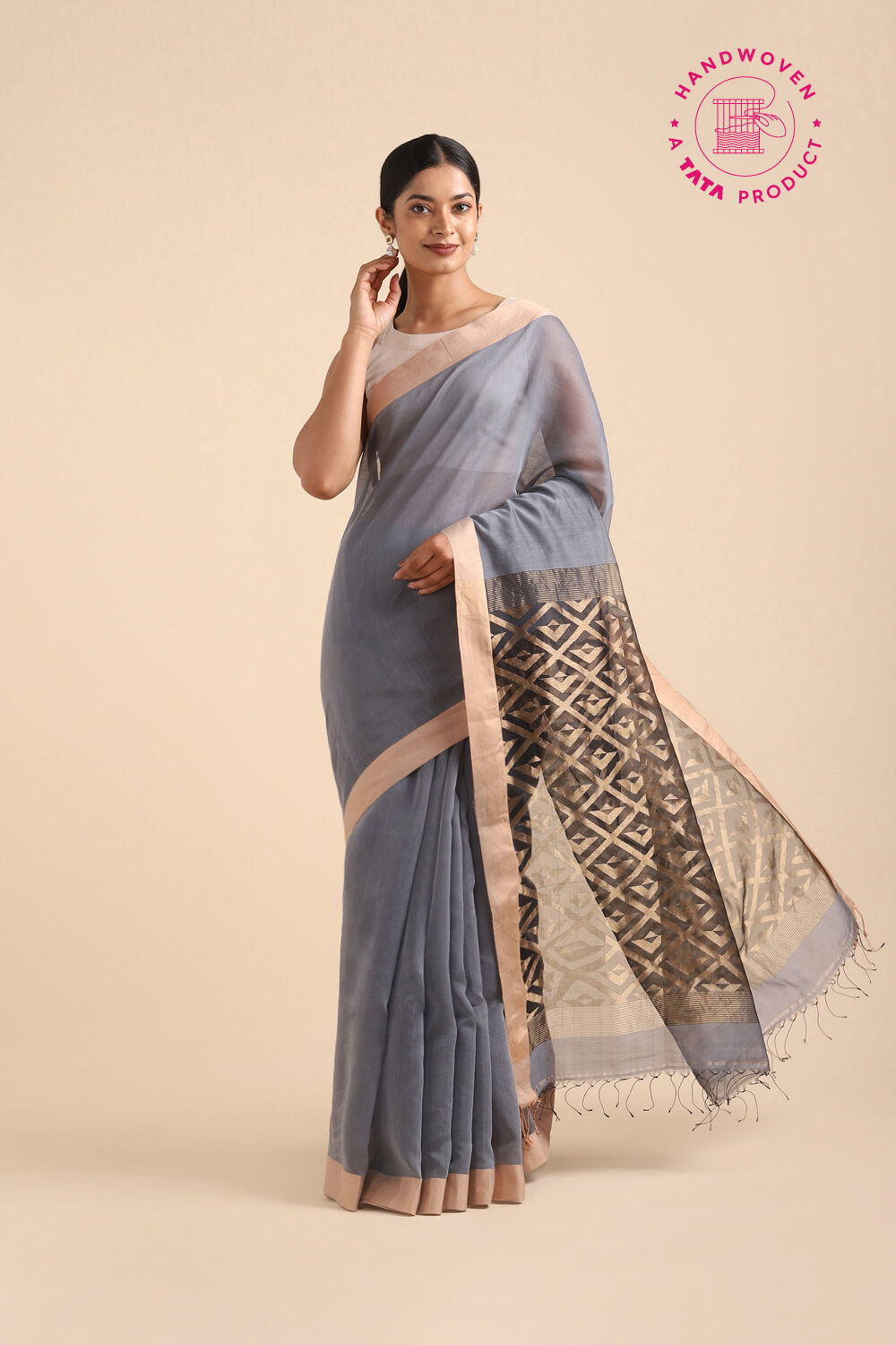 Grey Pure Silk Cotton Bengal Saree image number null