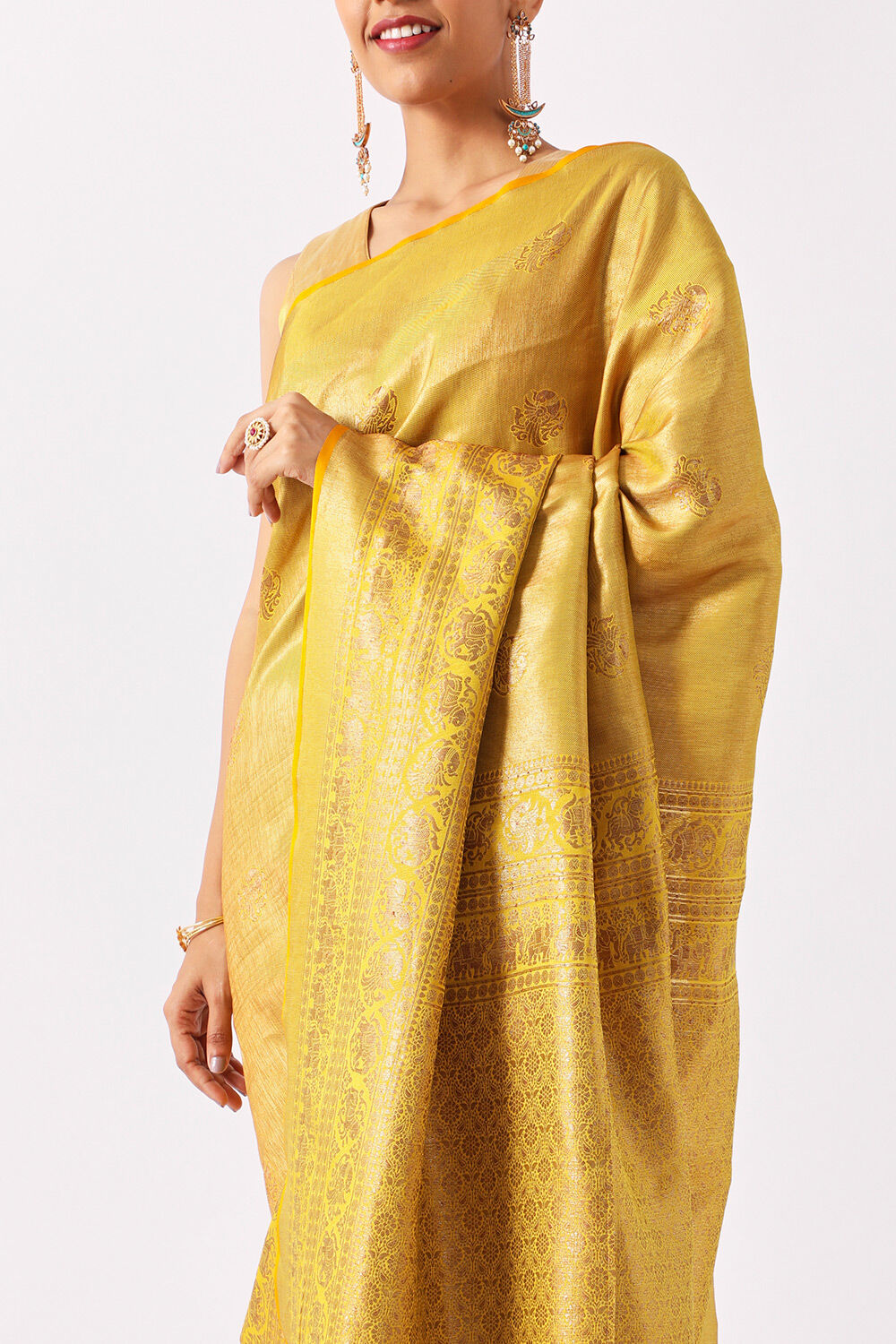 Yellow Pure Crepe Woven Saree image number null