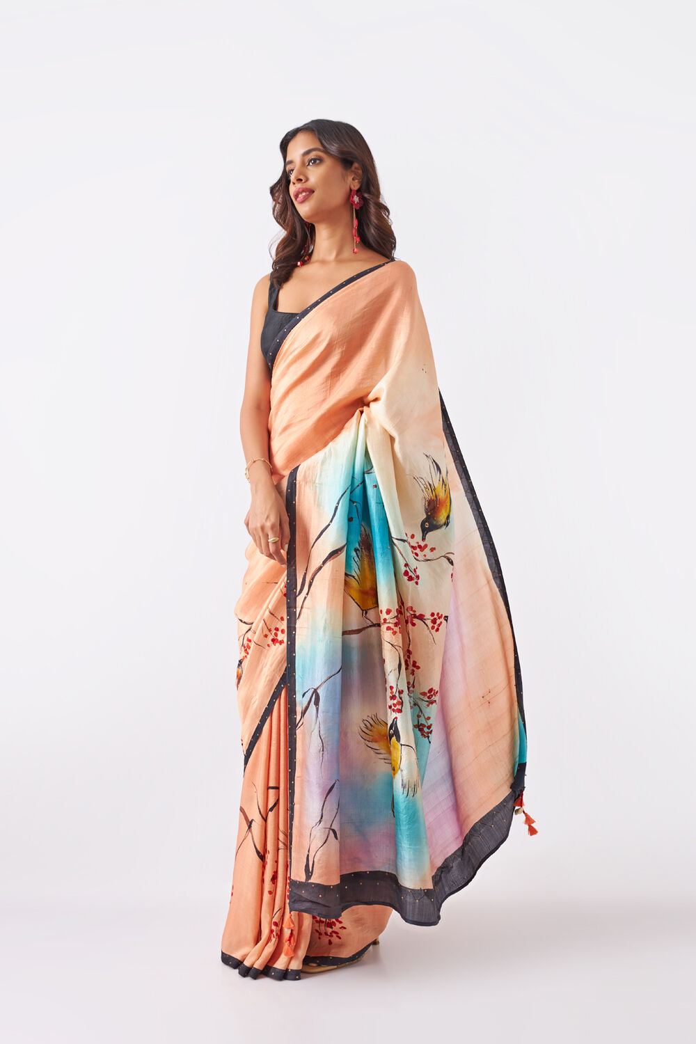 Light Orange Pure Silk Hand Painted Saree image number null