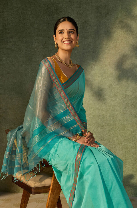 Light Blue Woven Pure Silk Cotton Maheshwari Saree