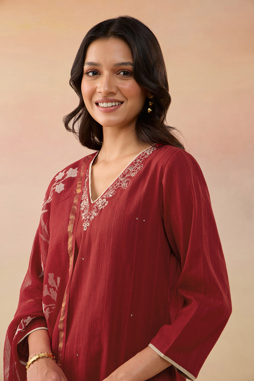 Red Pure Cotton Embroidered Kurta Set image number null