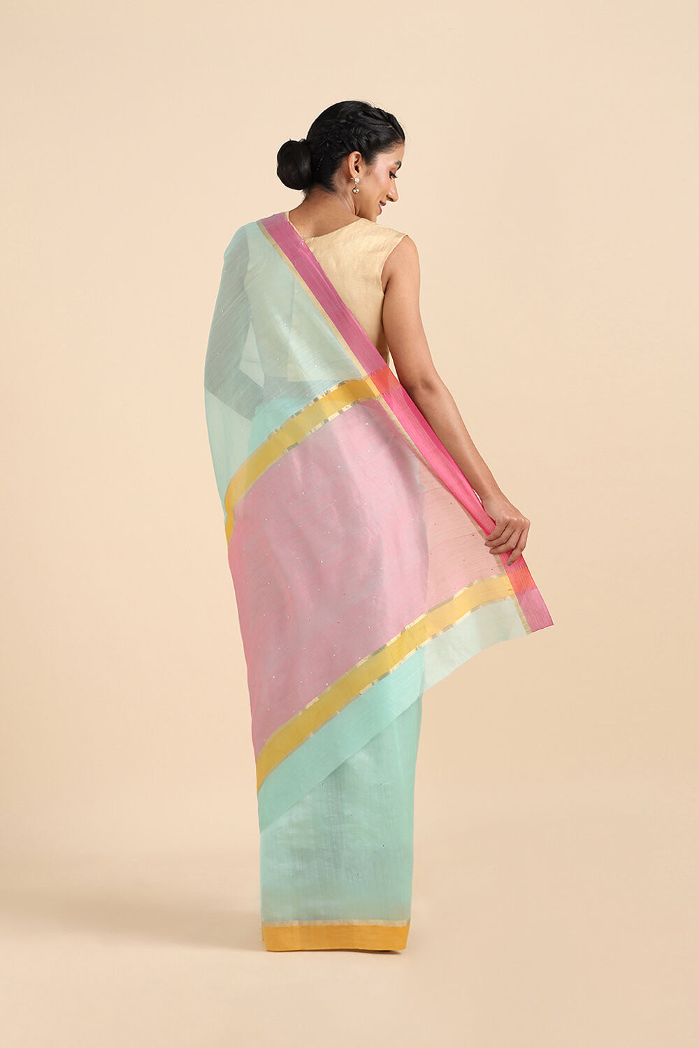 Light Blue Pure Silk Cotton Mukaish Work Saree image number null