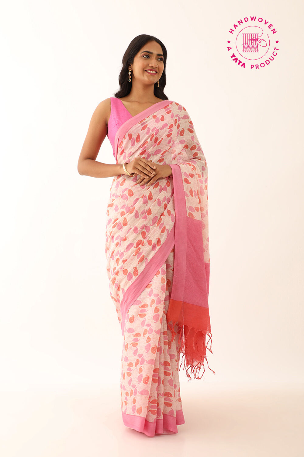 Off White Pure Linen Printed Saree image number null