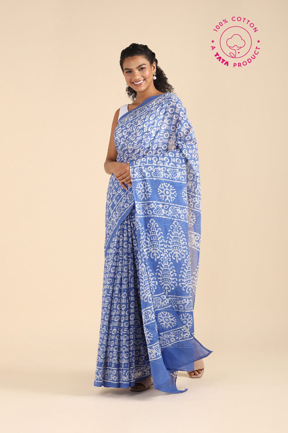 Light Pure Blue Cotton Batik Saree image number null