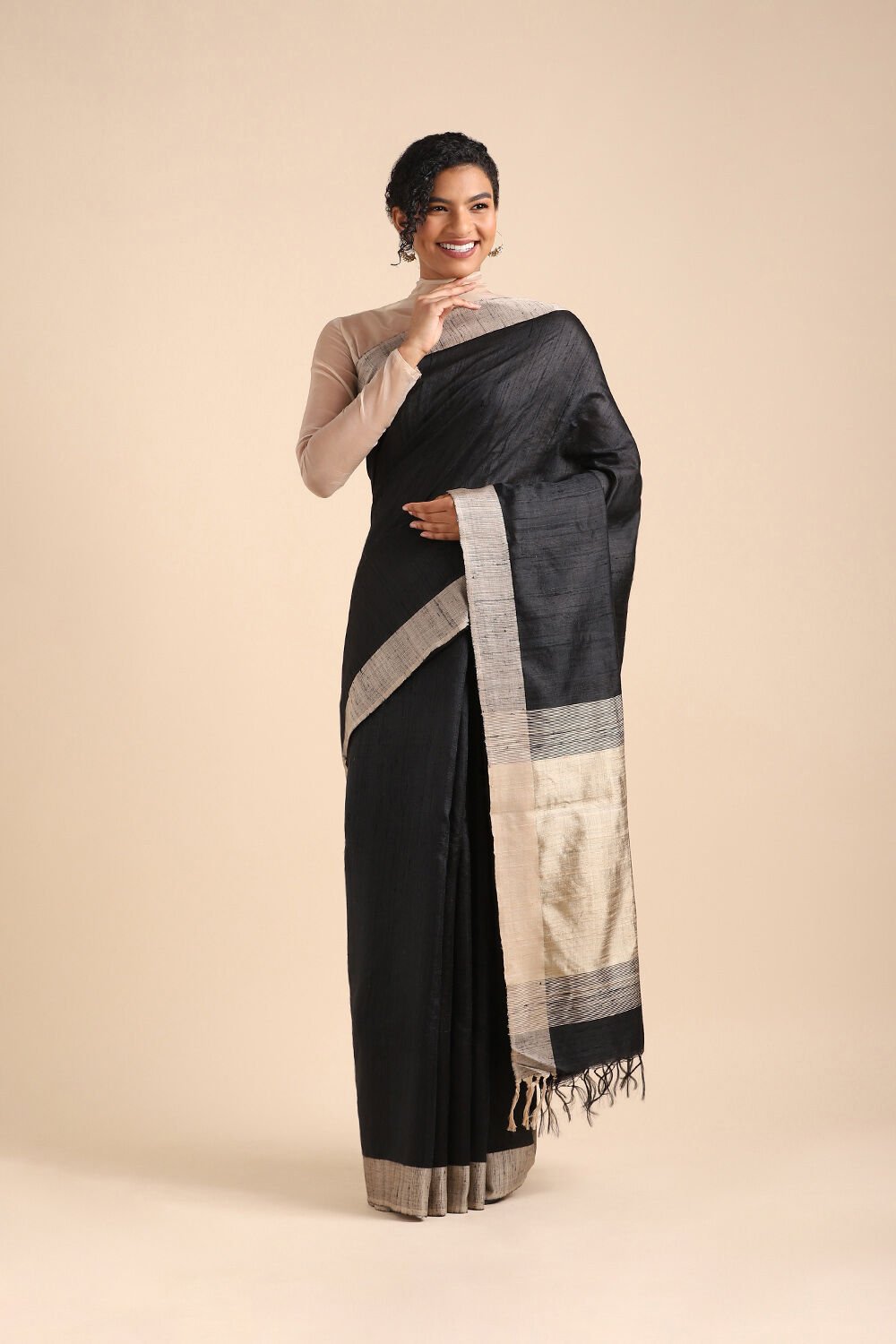 Black Pure Tussar Silk Bhagalpuri Saree image number null