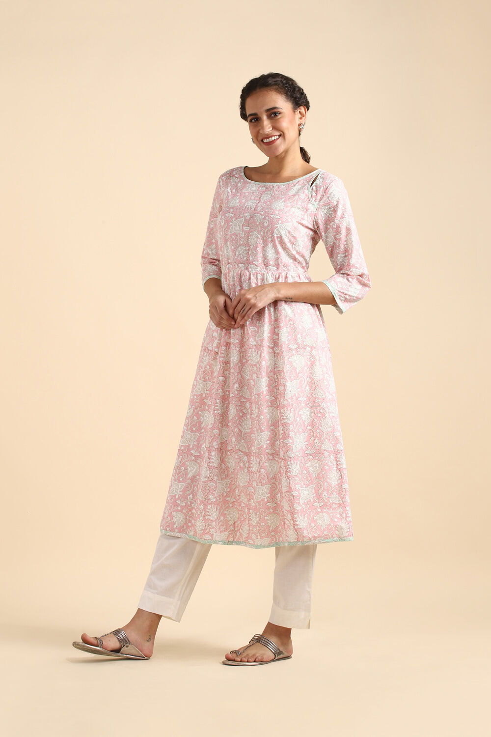 Light Pink Cotton Block Printed Kurta image number null