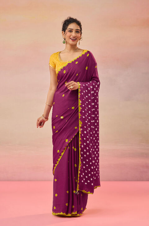 Dark Pink Gujarat Pure Satin Tie & Dye Bandhni Saree