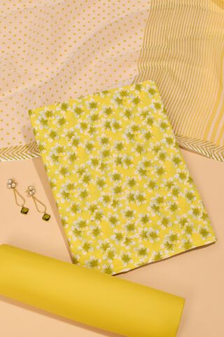 Light Yellow Screen Printed  Pure Cotton Unstitched Suit Set image number