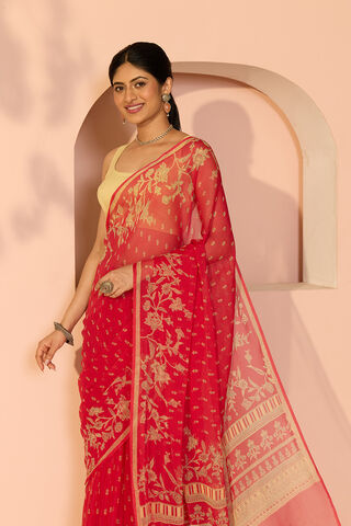Red Screen Printed Viscose Chiffon Saree image number