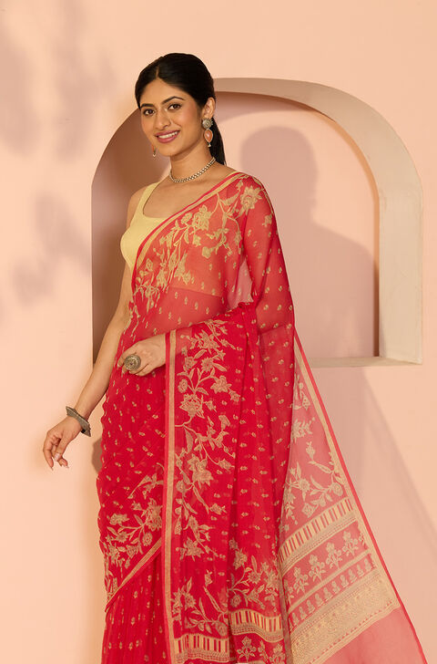 Red Screen Printed Viscose Chiffon Saree