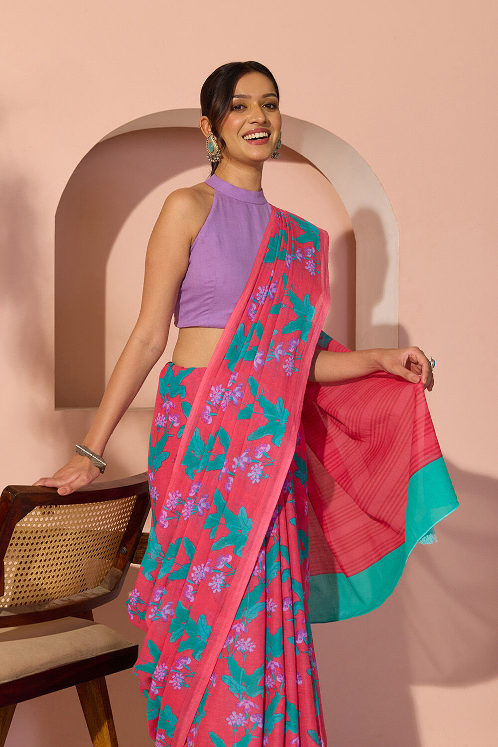 Dark Pink Bengal Screen Printed Pure Cotton Mulmul Saree image number null