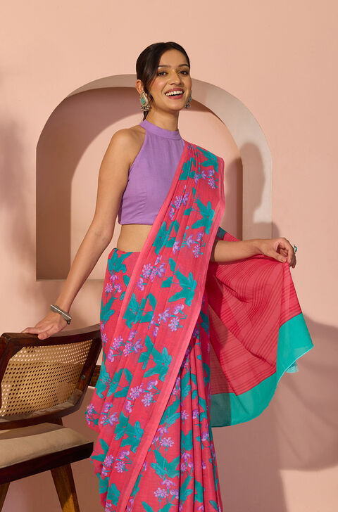 Dark Pink Bengal Screen Printed Pure Cotton Mulmul Saree
