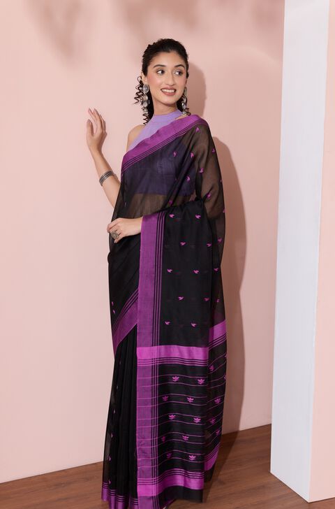 Black Chanderi Woven Pure Silk Cotton Saree