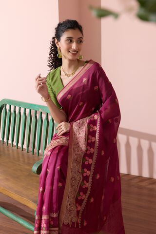 Purple Bengal Pure Silk Linen Embroidered Saree image number